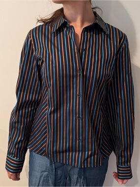 Bogner Navy Striped Button-Up Shirt with Blue and goldish/brown Stripes